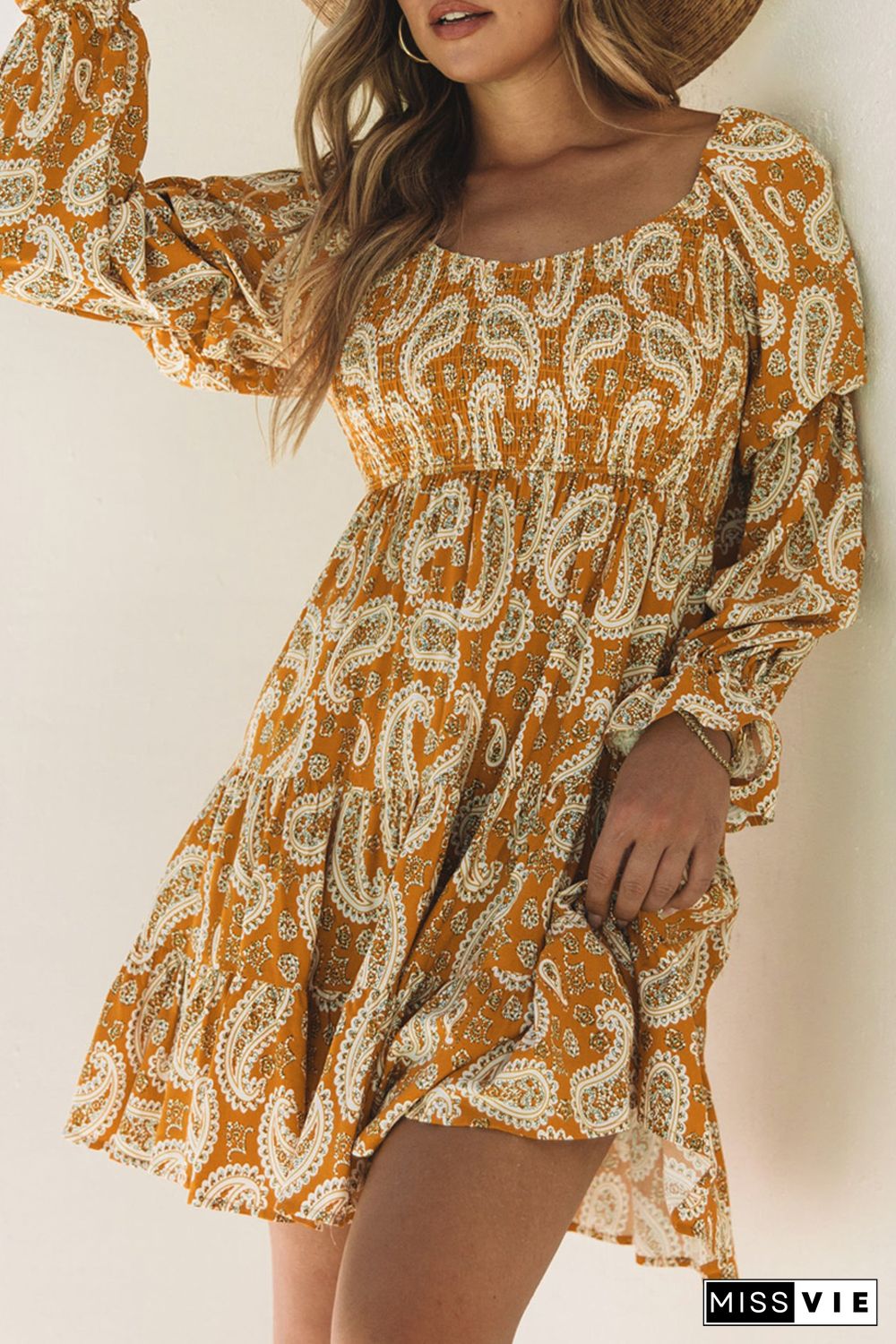 Yellow Boho Paisley Long Sleeve Floral Dress