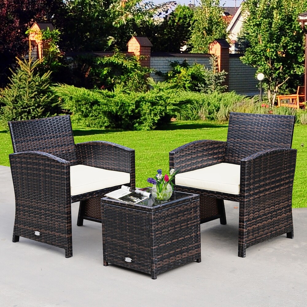 Costway 3PCS Patio Rattan Wicker Furniture Cushion Sofa Coffee Table