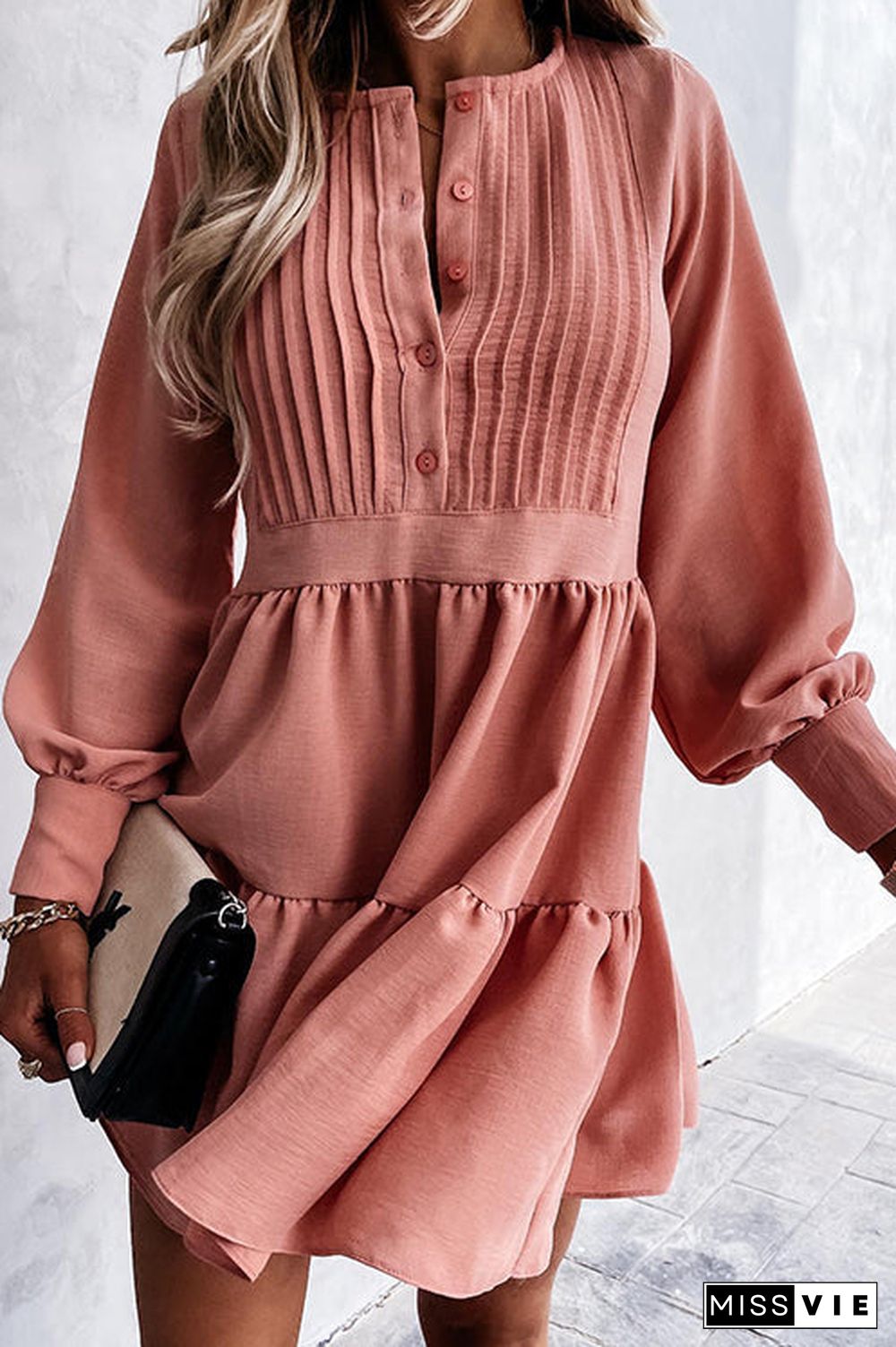 Button Layered Long Sleeve Mini Dress