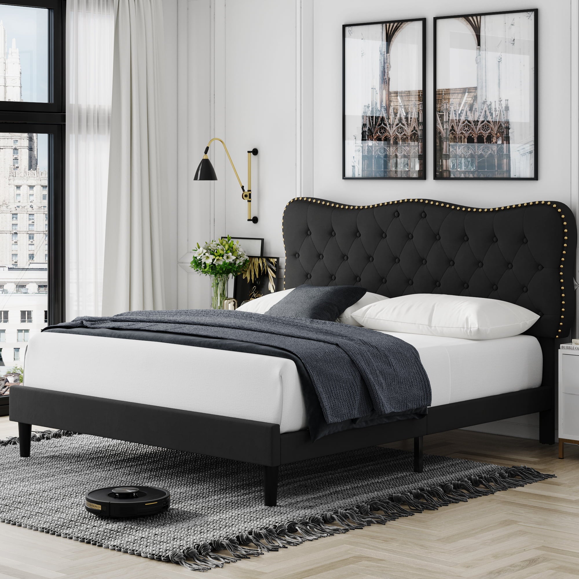 Homfa Black Queen Bed Frame, Linen Upholstered Platform Bed Frame with Button Tufted Adjustable headboard for Bedroom, No Box Spring Needed