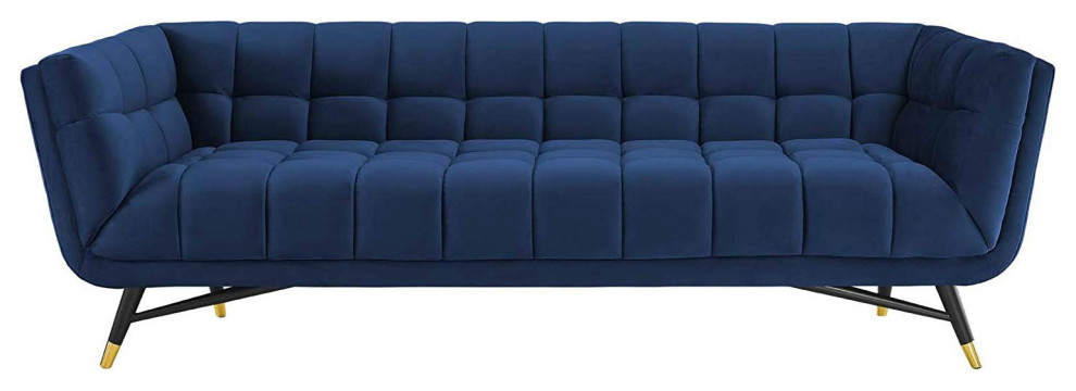 Velvet Fabric Tufted Sofa  Accent Bench  2 Lounge Chairs  Midnight Blue   Midcentury   Living Room Furniture Sets   by VirVentures  Houzz