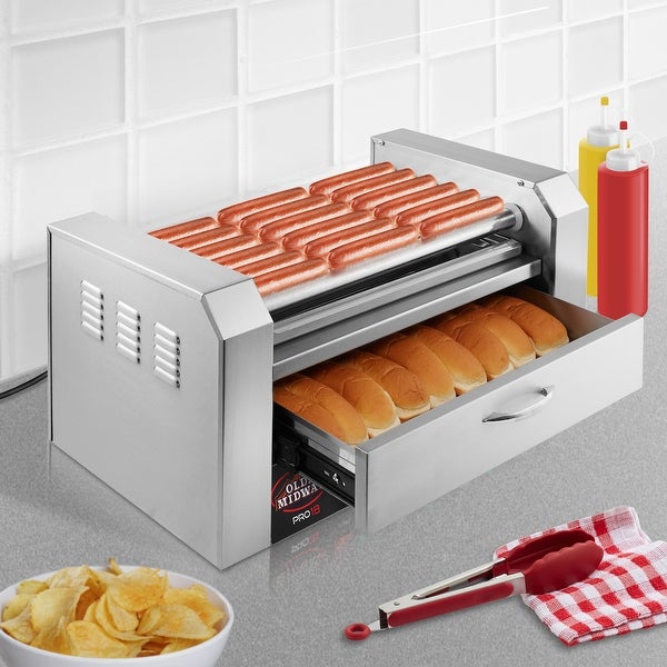 Electric Hot Dog Roller Grill Cooker Machines with Bun Warmer and Cover - Silver