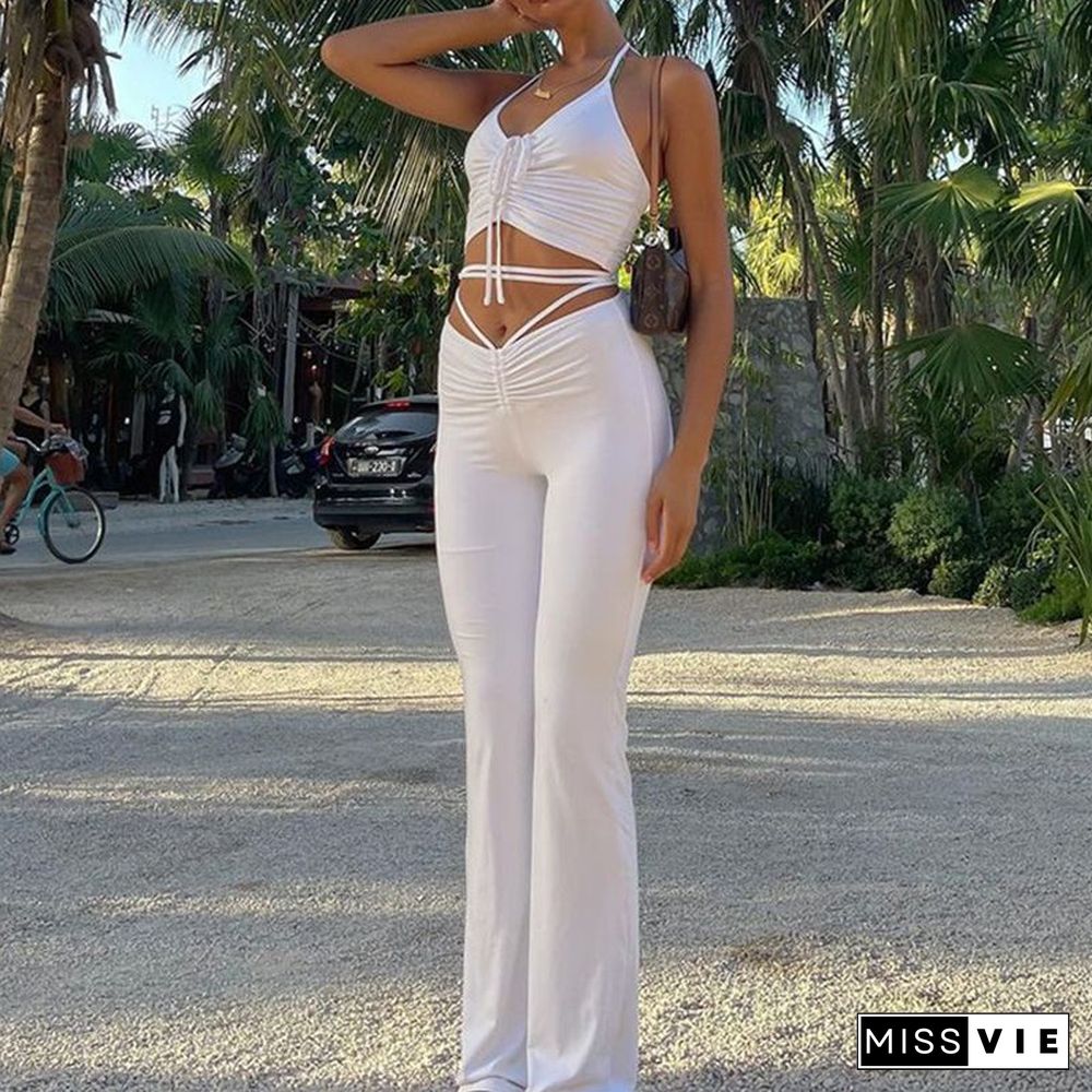 Strappy Cutout Knotted Shirring Halter Crop Top And Flare Pants set