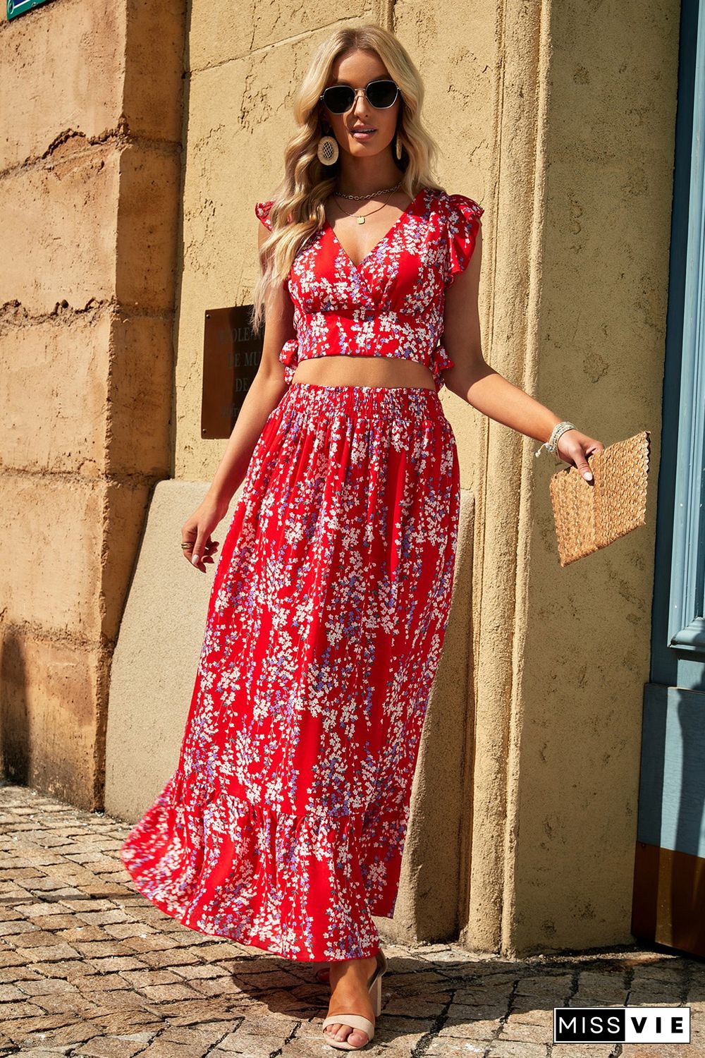 Red Multicolor Floral Ruffled Crop Top and Maxi Skirt Set