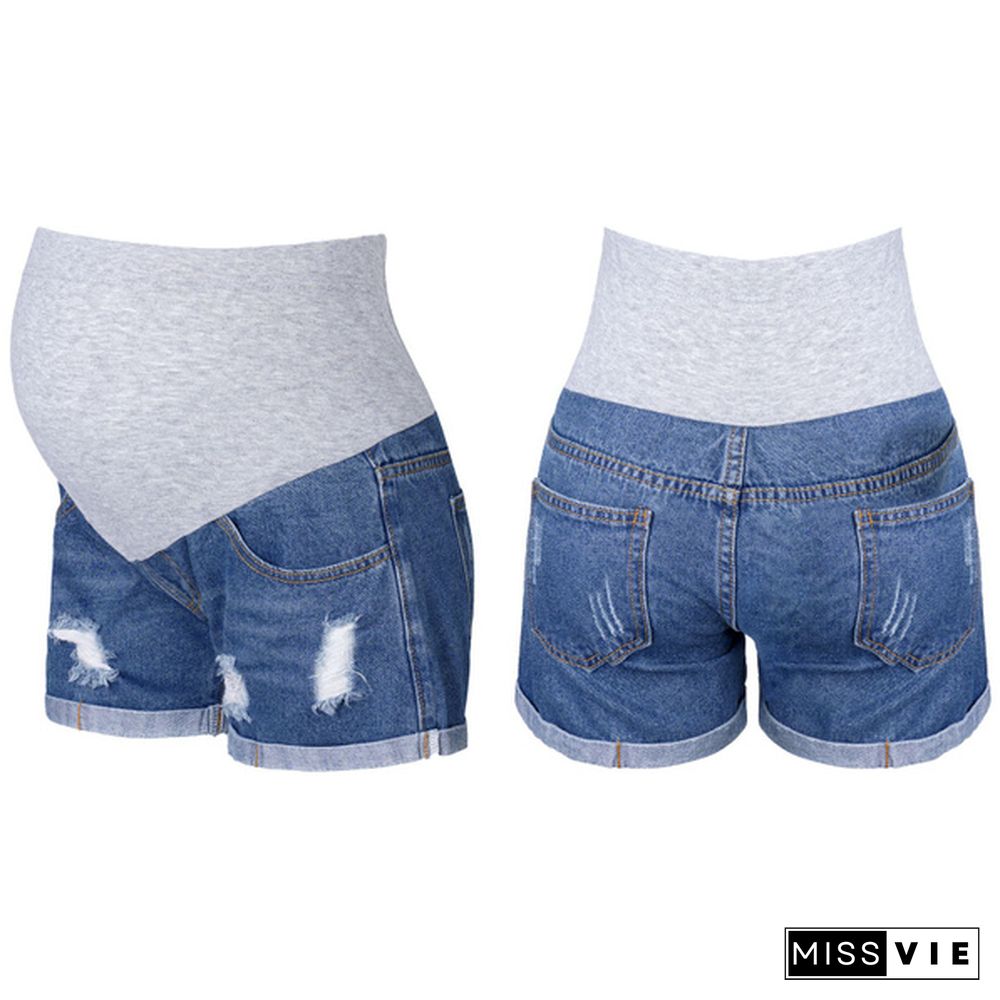 Maternity Shorts for Pregnant Women Denim Shorts Pregnancy Low Waist Loose Ripped Denim Shorts