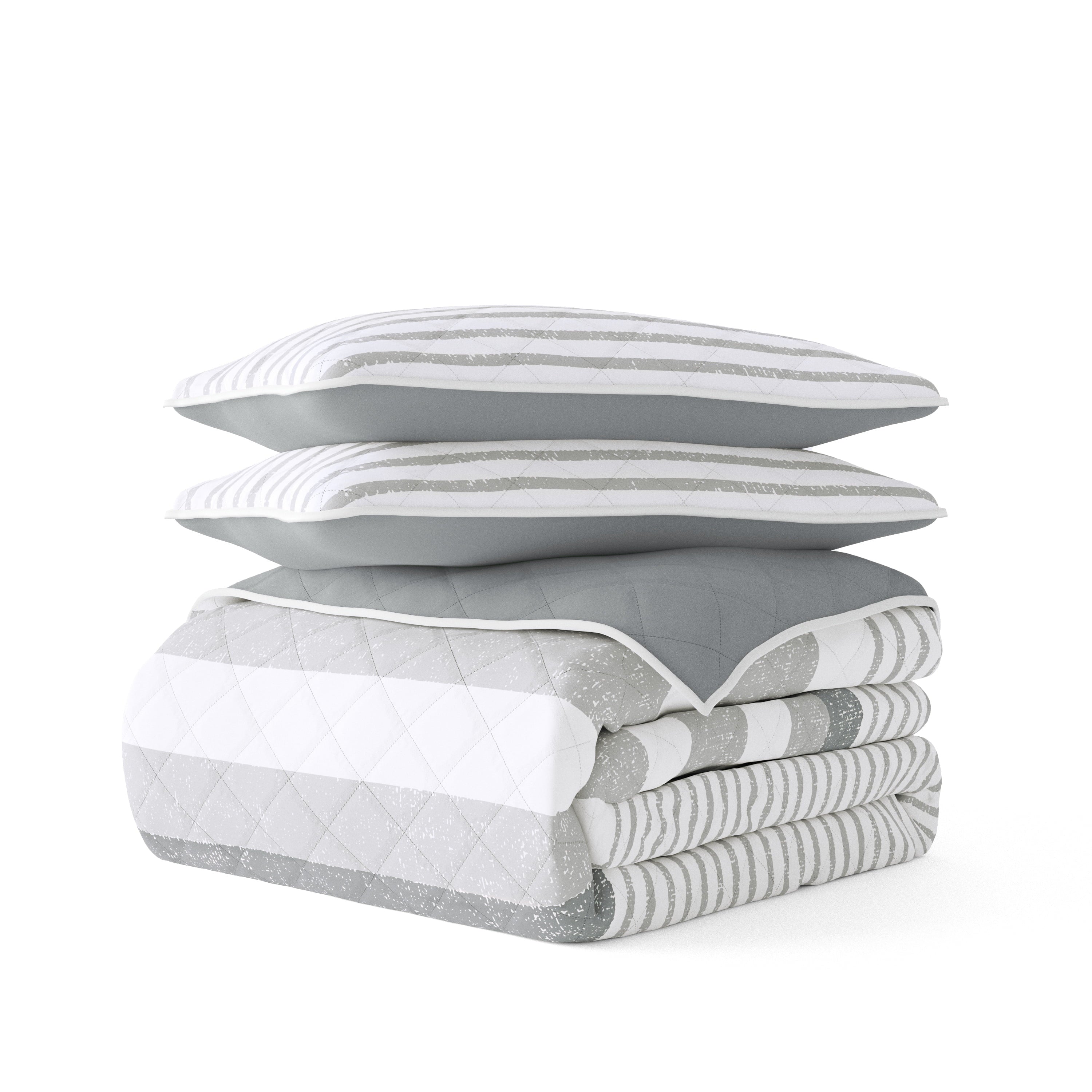 Noble Linens Light Grey 3 Piece Summer Stripes Reversible Microfiber Quilt Set， Queen / Full