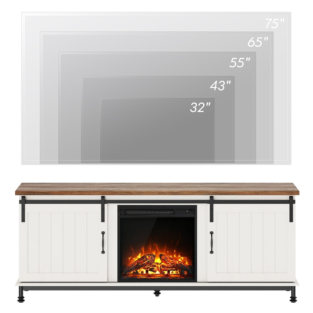 Fireplace TV Stand for Up to 75 Inch TV  Farmhose Entertainment Center with 18'' Electric Fireplace Sliding Barn Door