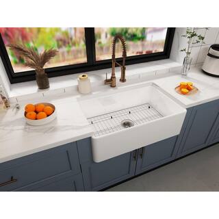 Modland Yunus White Fireclay 30 in. Single Bowl Farmhouse Apron Workstation Kitchen Sink with Bottom Grid HDYC43F42W