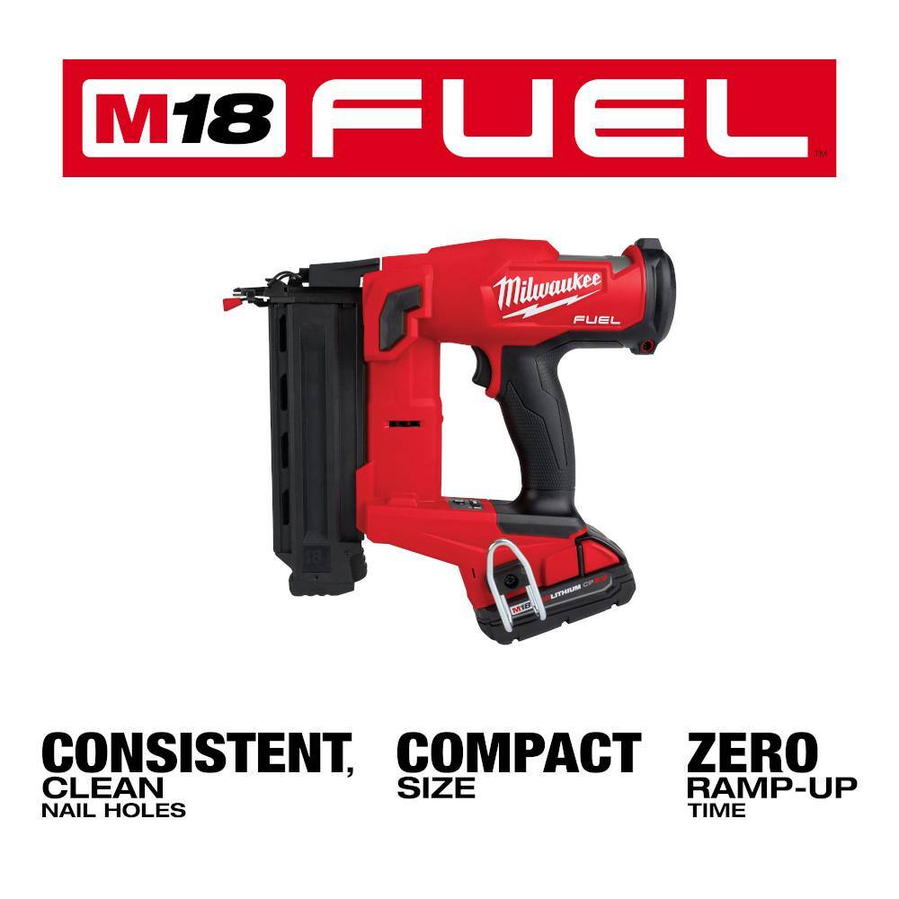 MW M18 FUEL GEN II 18-Volt 18-Gauge Lithium-Ion Brushless Cordless Brad Nailer Kit with One 2.0 Ah Battery Charger and Bag 2746-21CT