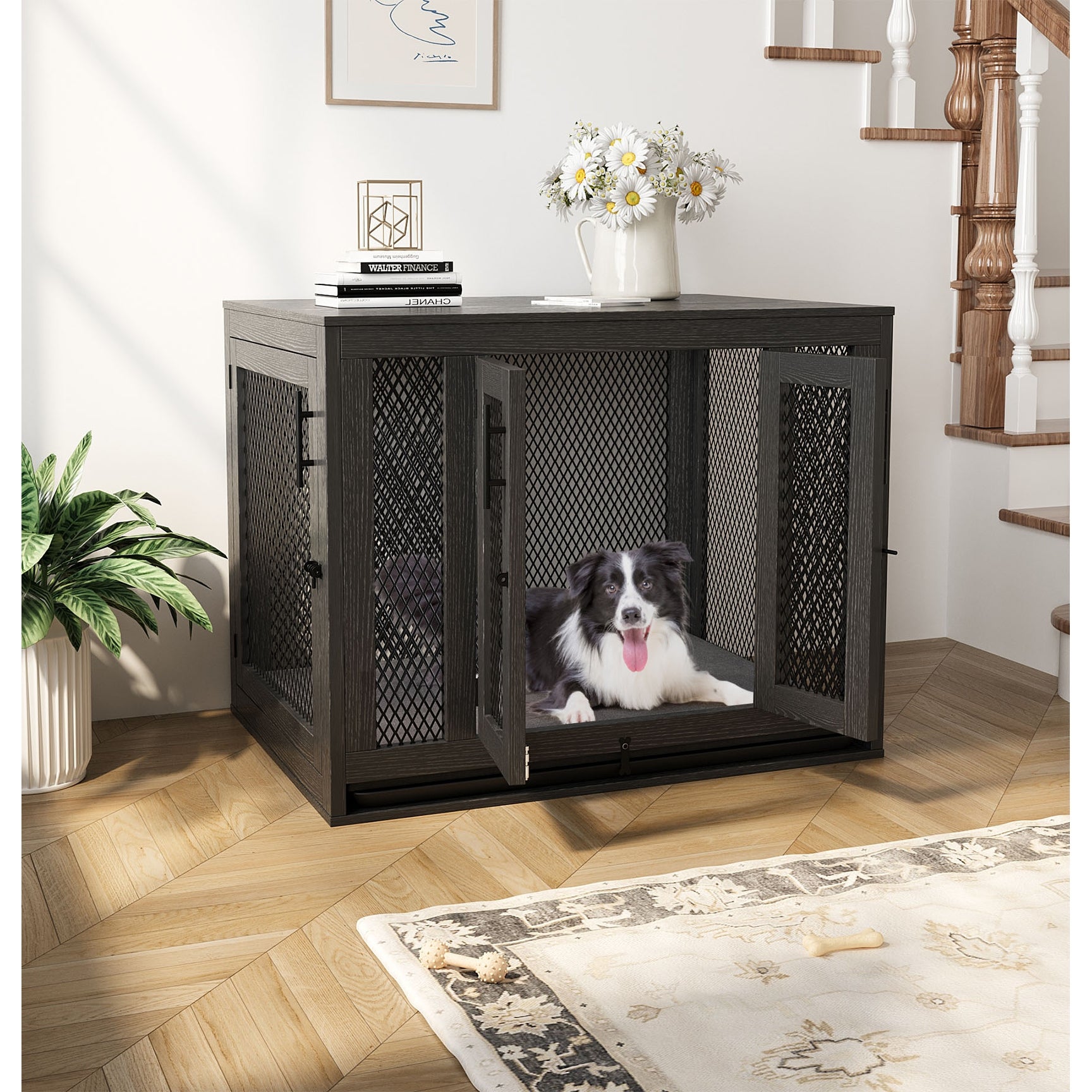 Dog Crate with Cushion and Tray Heavy Duty Dog Kennel Double Doors