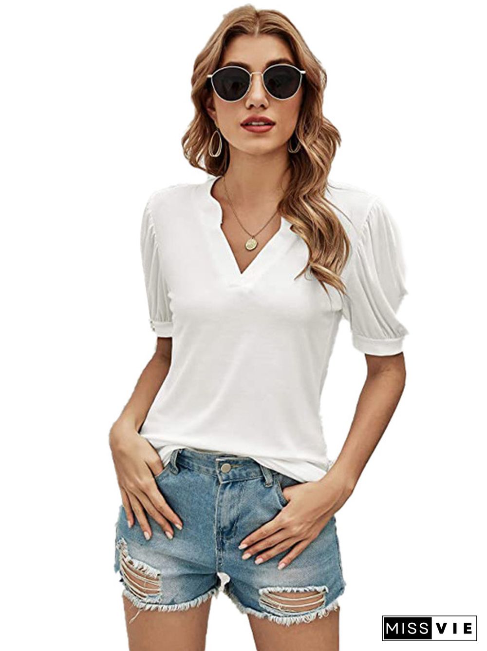 Simple Solid Color V-Neck Puff Sleeves T-Shirt Top