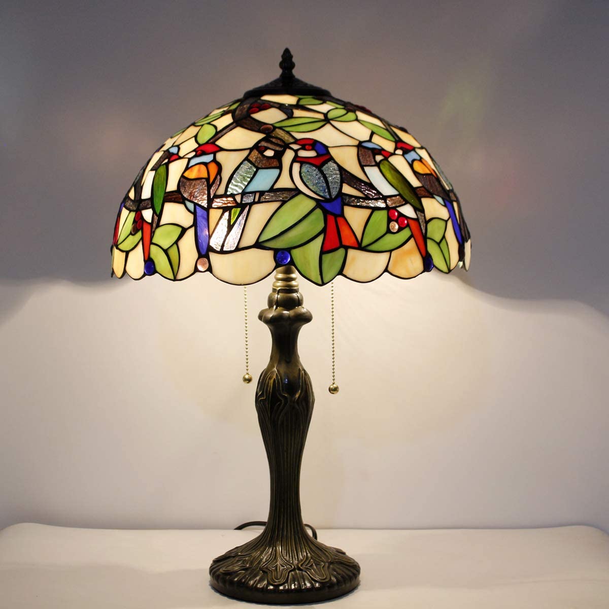 Tiffany Table Lamp Colorful Stained Glass Birds Bedside Lamp 16X16X24 Inches Desk Reading Light Metal Base Decor Bedroom Living Room Home Office S805 Series