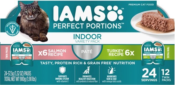 Iams Perfect Portions Indoor Multipack Salmon andTurkey Recipe Pate Grain-Free Cat Food Trays