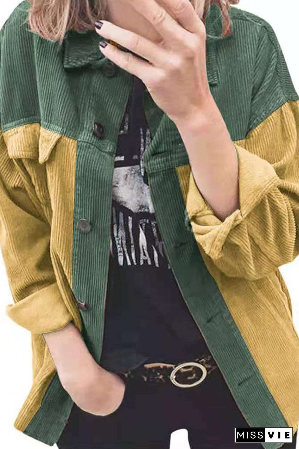 Corduroy Colorblock Buttons Up Jacket Shacket Wholesale