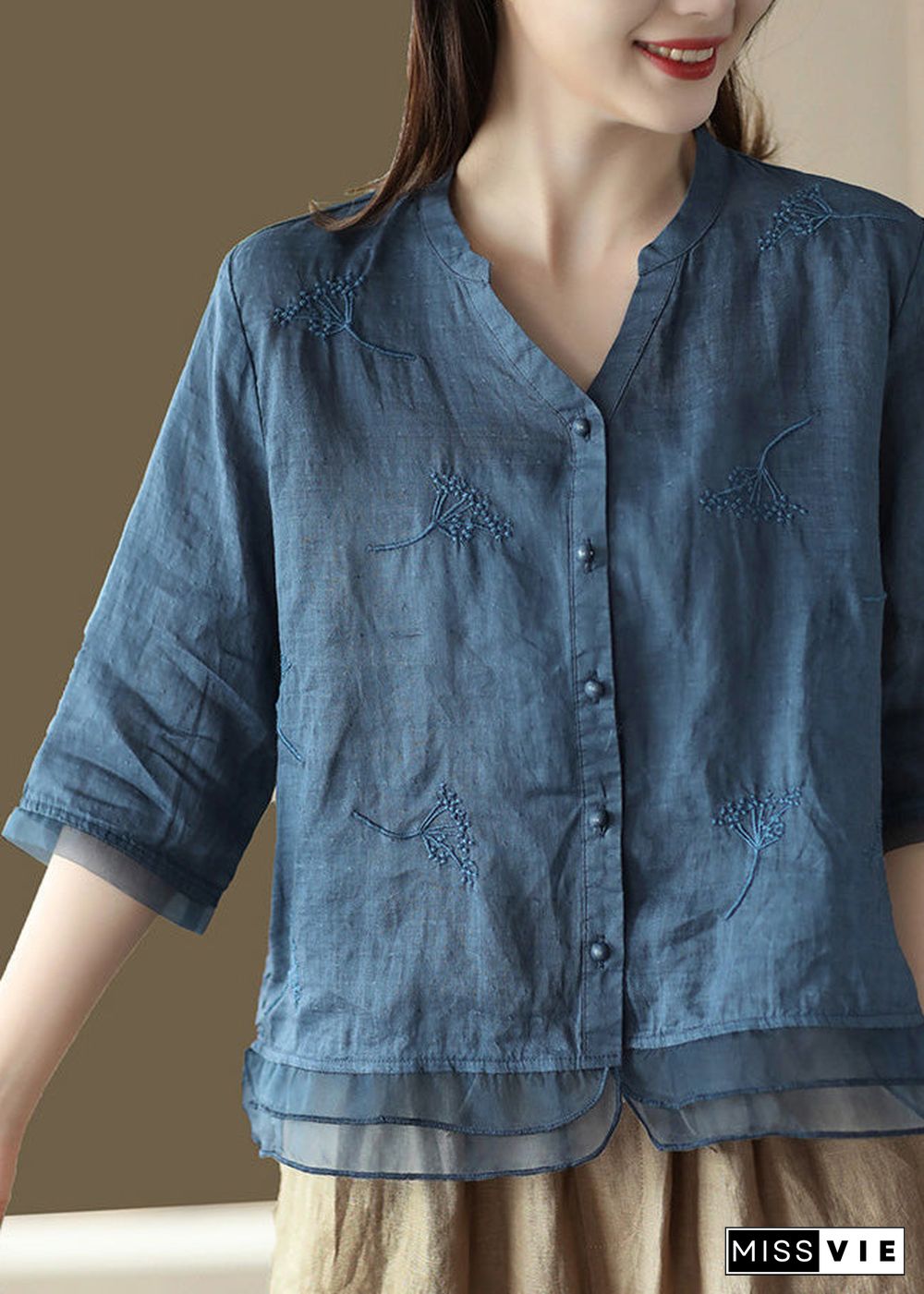 Casual Blue-print2 V Neck Embroideried Solid Ramie Shirt Half Sleeve