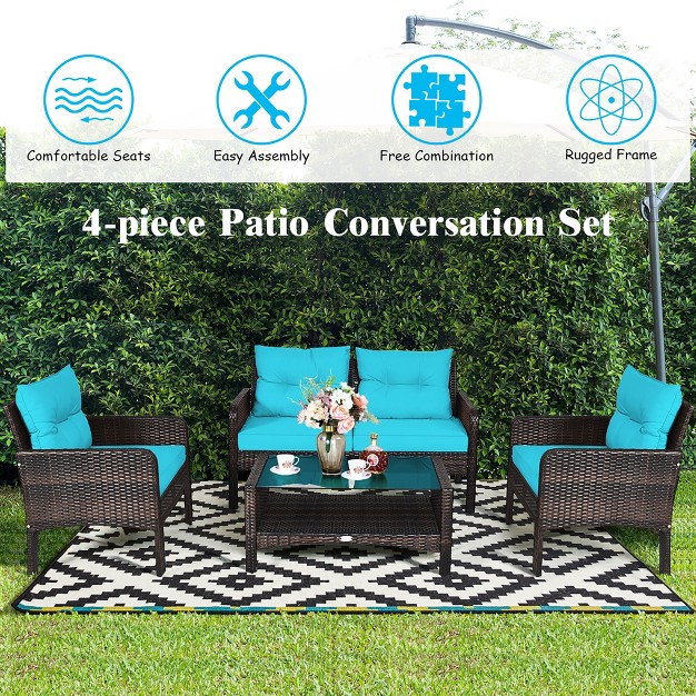 Costway 4pcs Patio Rattan Furniture Set Loveseat Sofa Coffee Table W turquoise Cushion