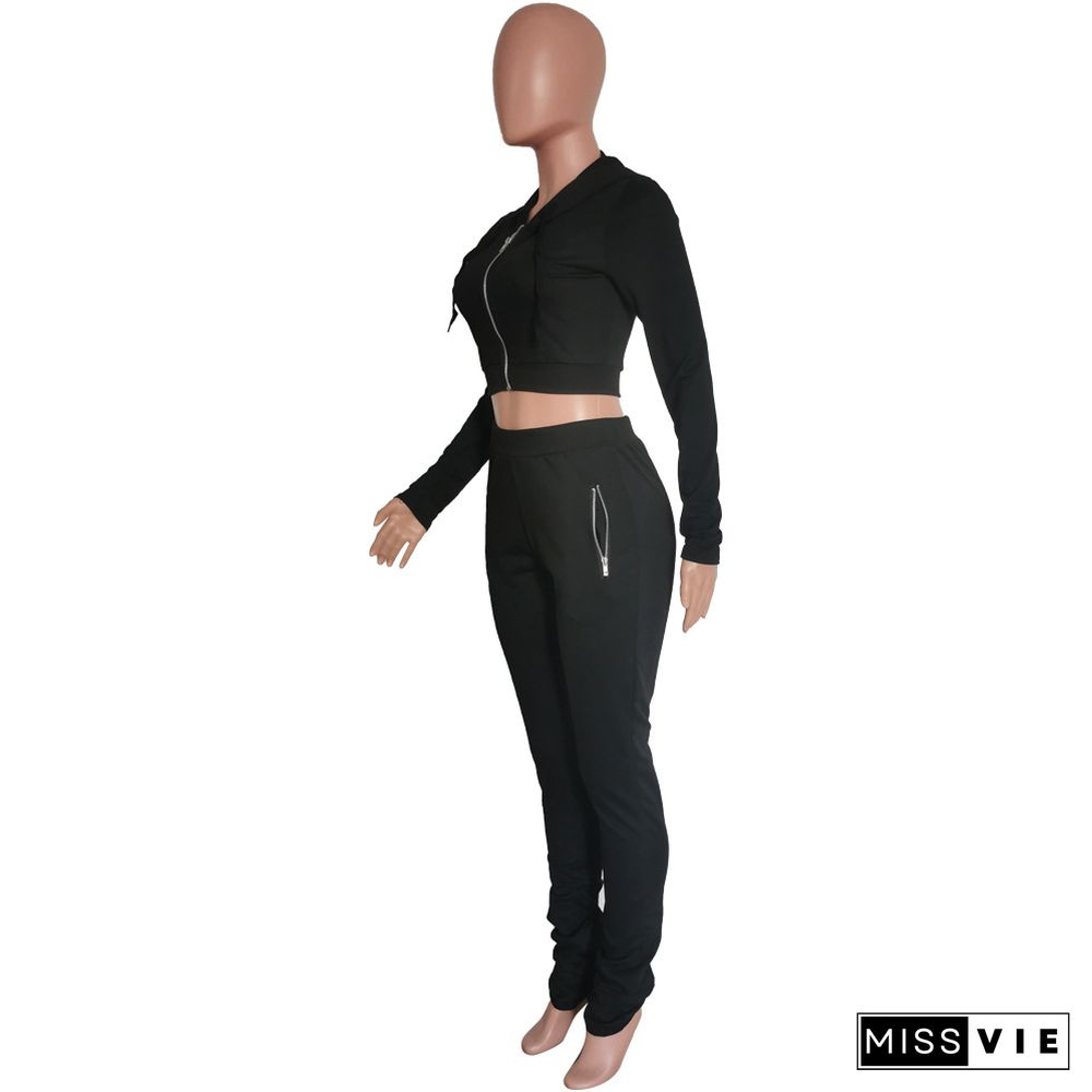 Solid Zipper Hooded Crop Top and Pants Suit