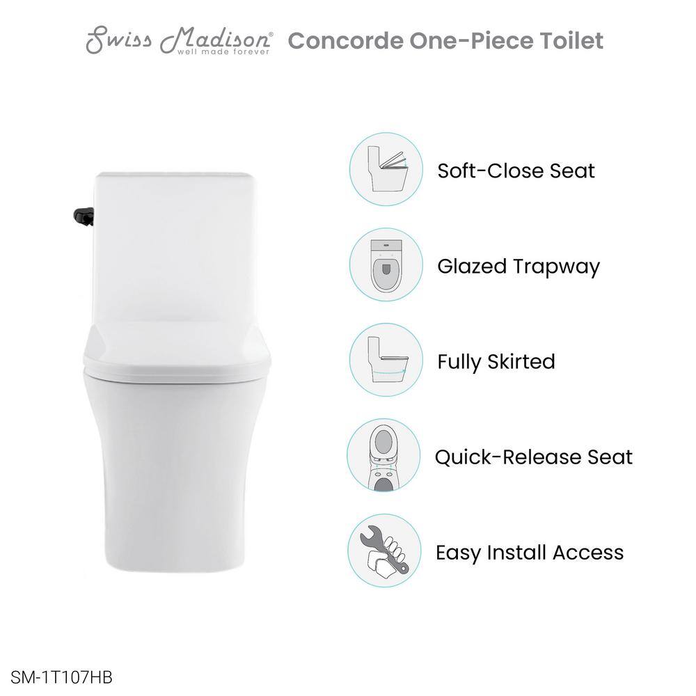 Swiss Madison Concorde One-Piece 1.28 GPF Single Flush Square Toilet in Glossy White with Black Hardware Seat Included SM-1T107HB