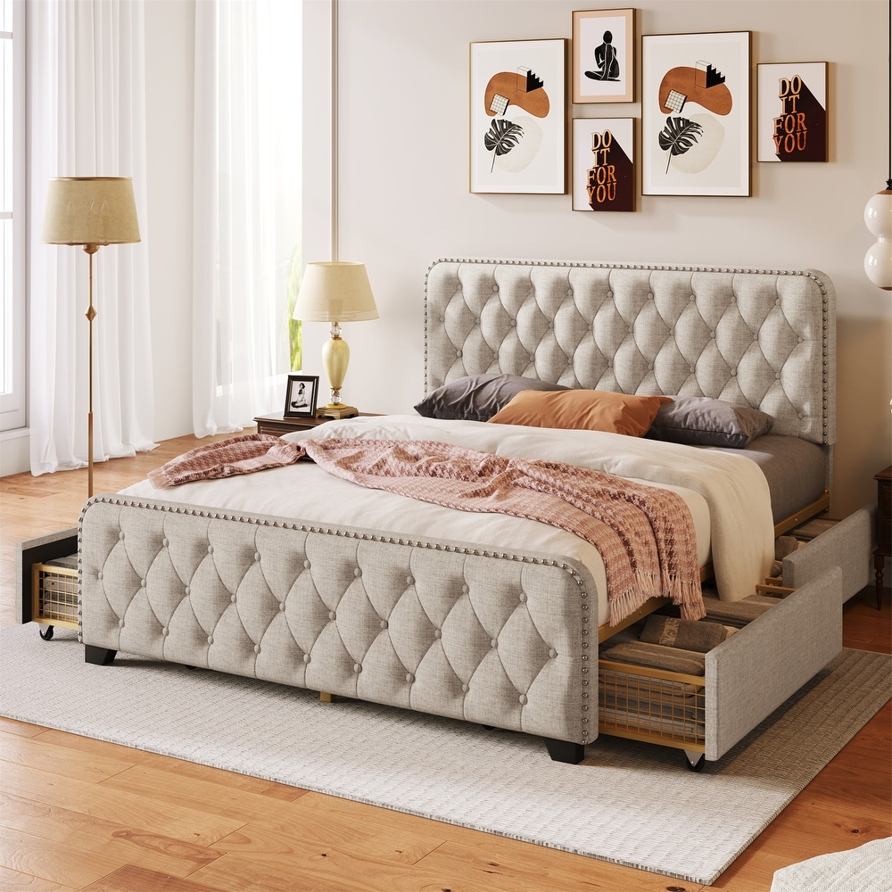 Full Upholstered Platform Bed Frame with Storage Drawers