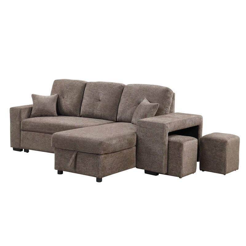 Reversible Sleeper Sectional Sofa Couch with Side Shelf and 2 Stools  Pull Out L Shaped Sofa Bed  Corner Sofa Bed with Storage