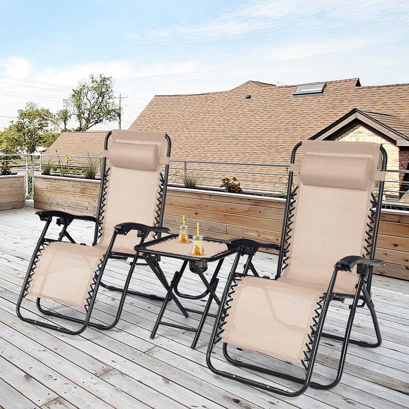 3 Pcs Folding Zero Gravity Recliner Patio Yard Pool Outdoor Chaise Lounge Chairs Table Set