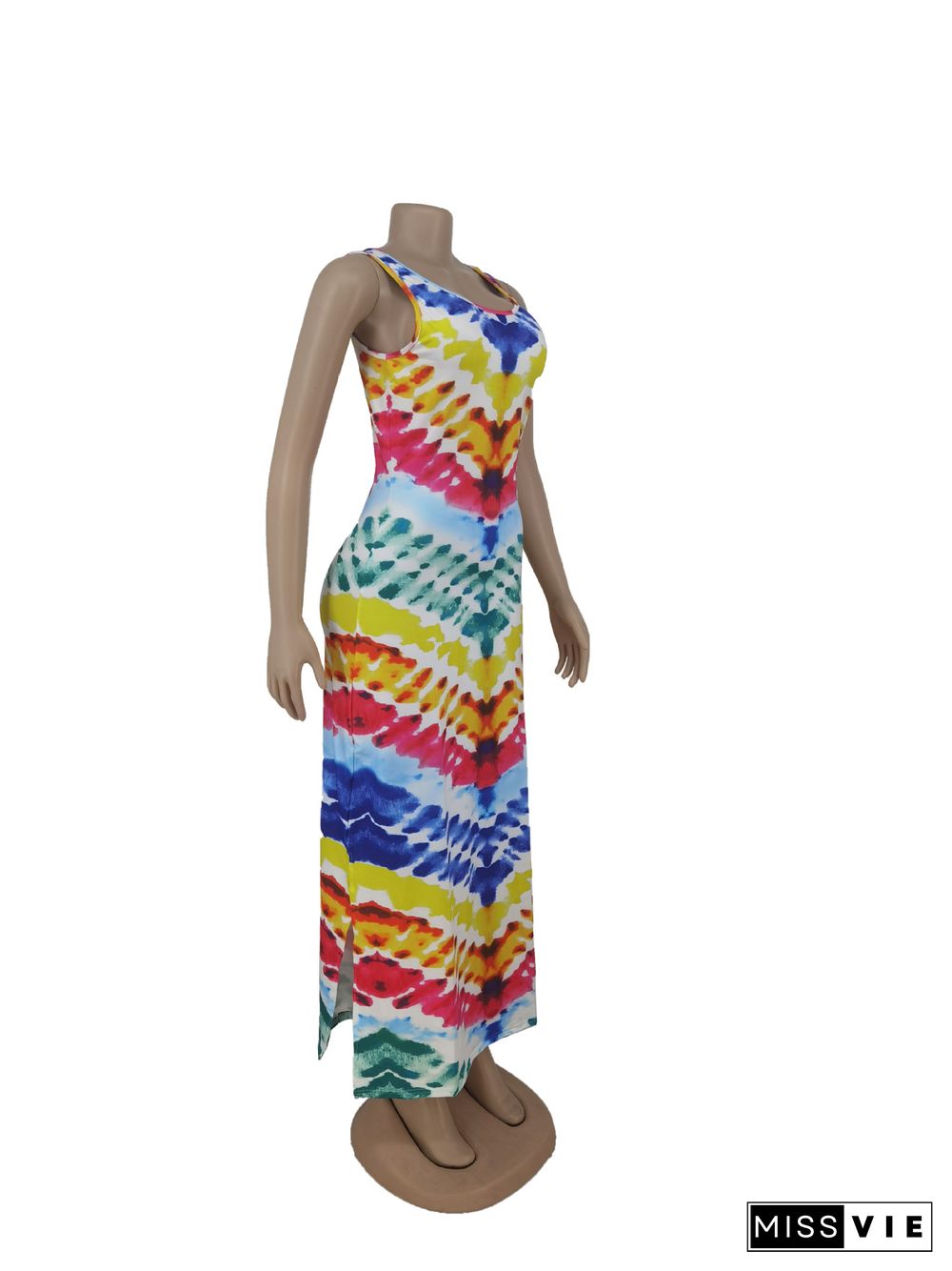 Casual Women Summer Tie-dye Print Sleeveless O Neck Side Slit A Line Beach Party Maxi Dress