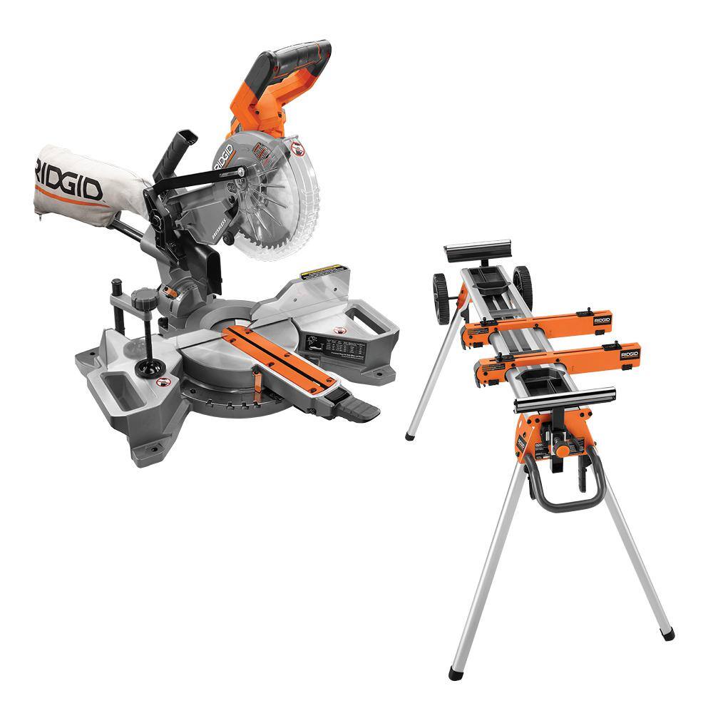 RIDGID 18V Brushless Cordless 7-14 in. Dual Bevel Sliding Miter Saw with Professional Compact Miter Saw Stand R48607B-AC9960