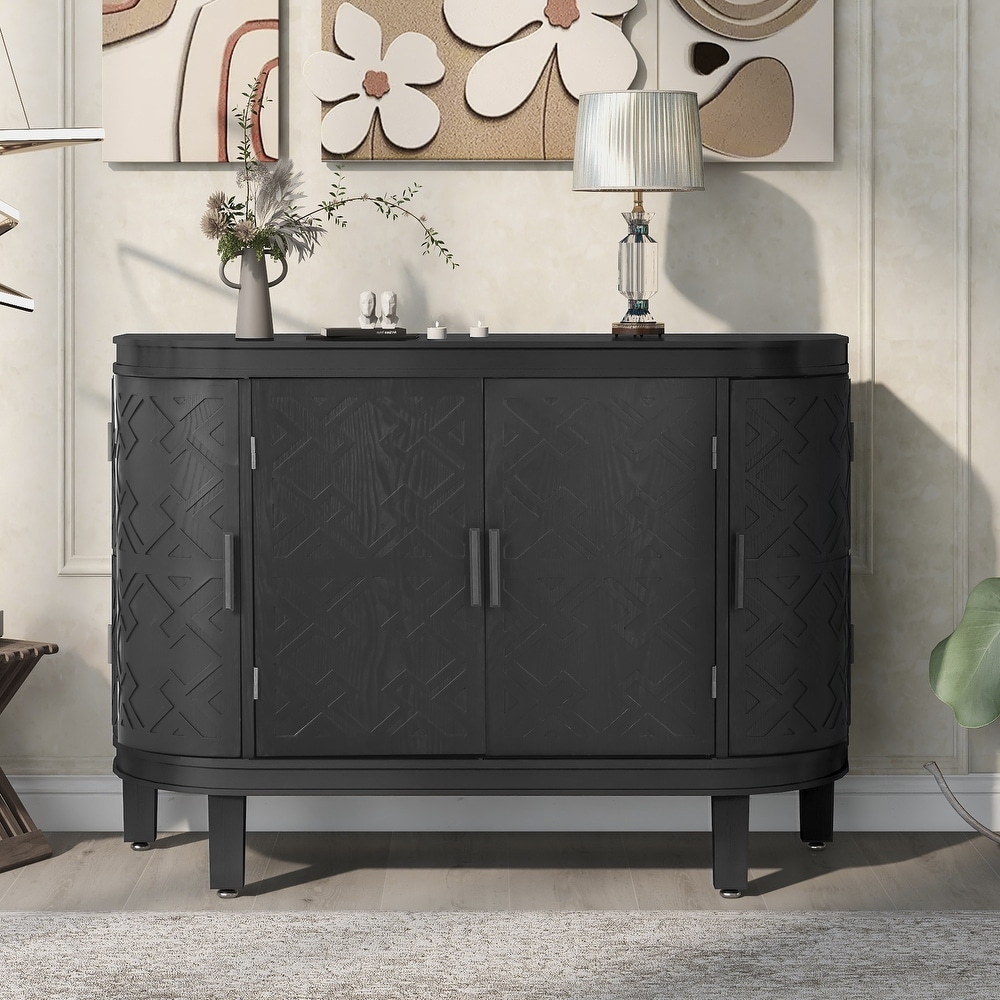 Black Wooden Entryway Storage Cabinet with Antique Pattern Doors