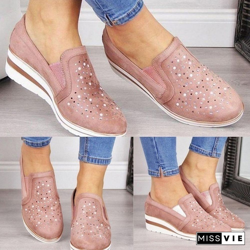 Women Casual Thick Sole Single Shoes Rhinestones Sandals Breathable Wedge Shoes