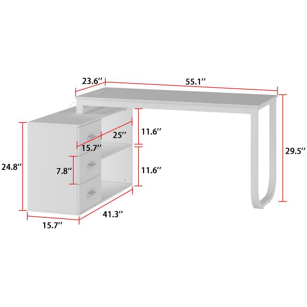 FUFUGAGA 55.1 in. L-Shaped White Wood Writing Desk Executive Desk With USB interface and socket Shelves Drawers Home Office Use KF210009-32