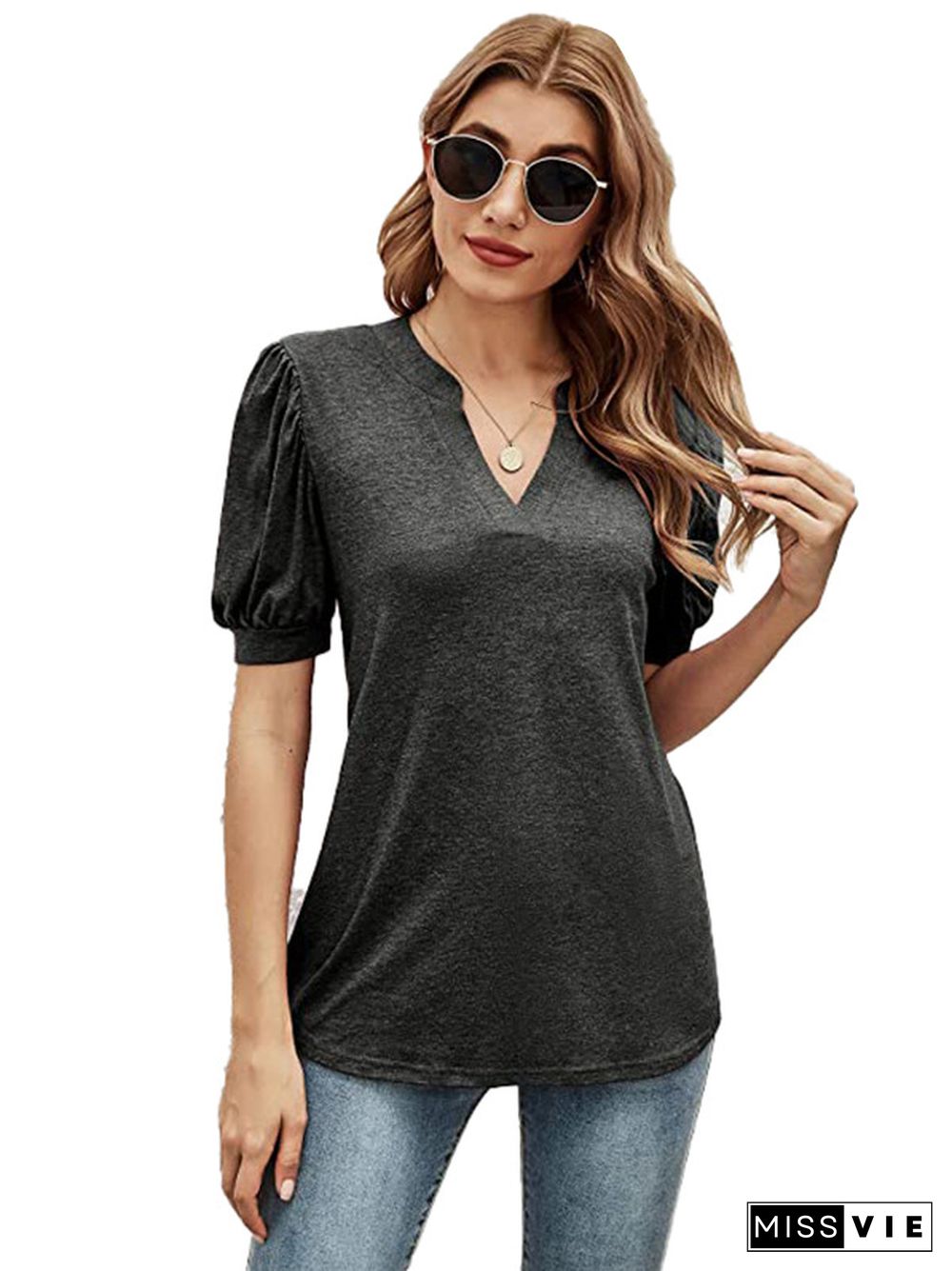 Simple Solid Color V-Neck Puff Sleeves T-Shirt Top