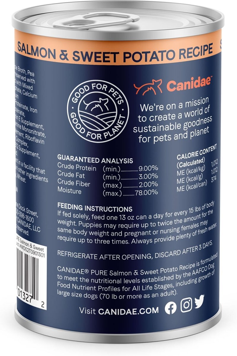 CANIDAE PURE All Stages Grain-Free Limited Ingredient Salmon and Sweet Potato Recipe Canned Dog Food， 13-oz