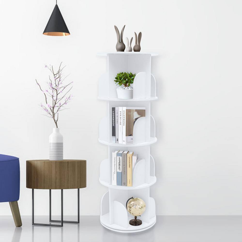 YIYIBYUS 15.7 in. White Rotating Bookshelf 360 Display Floor Standing Nordic 4-Shelf Bookcase HG-WMT-3219