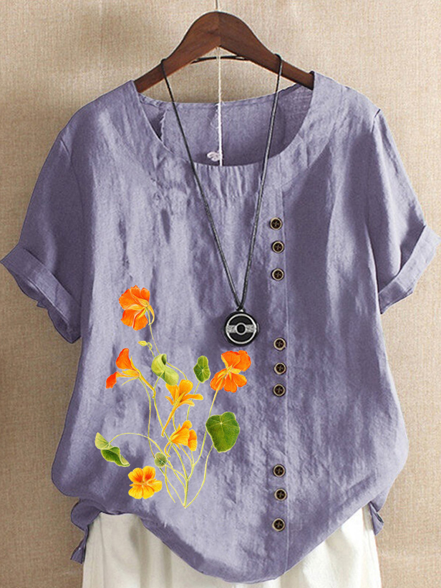 Casual Floral Print Crew Neck Short Sleeve Blouse