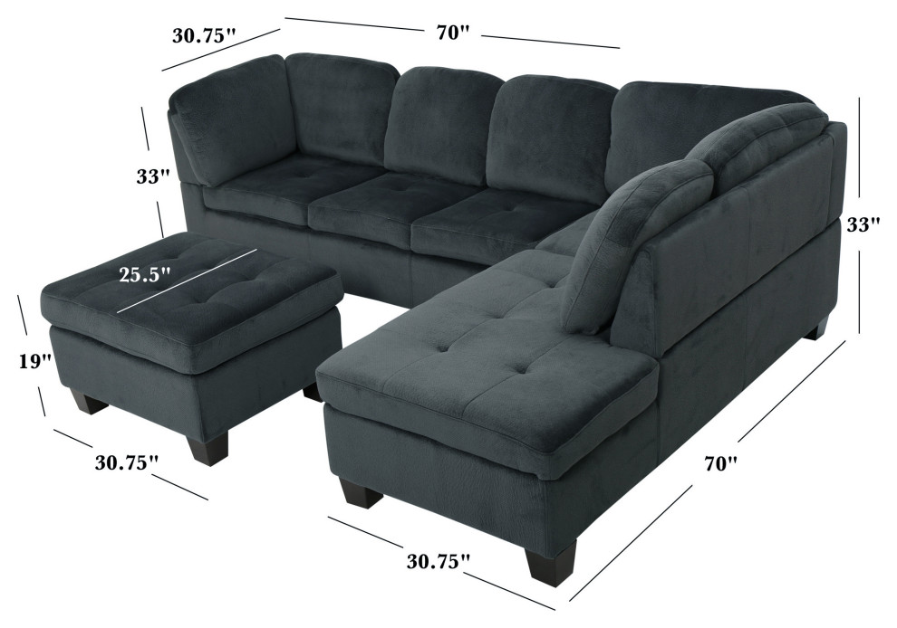 GDF Studio 3 Piece Gotham Charcoal Fabric Sectional Sofa Set   Transitional   Sectional Sofas   by GDFStudio  Houzz