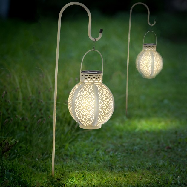 Set Of 2 Solar Outdoor Lights Hanging Or Tabletop Rechargeable Led Lantern Set With 2 Shepherd Hooks For Outdoor Decor By Pure Garden white