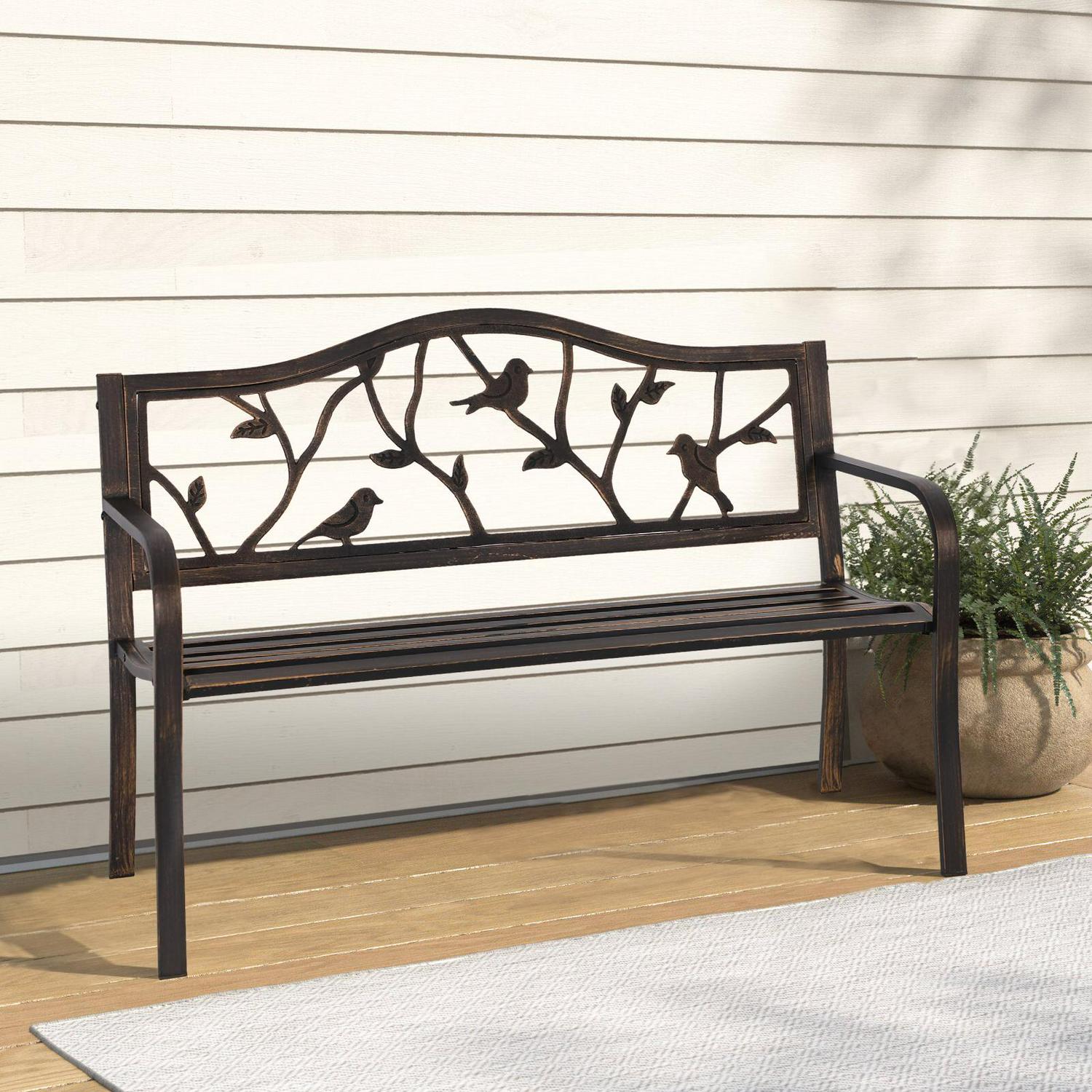 MF Studio 2-person Outdoor Bench Cast Iron Steel Frame Bird Backrest， Bronze