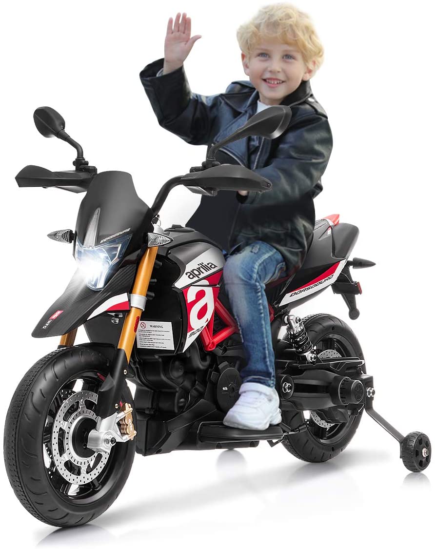 Costzon 12V Kids Motorcycle, Licensed Aprilia Electric Motorcycle Ride On Toy w/ Training Wheels