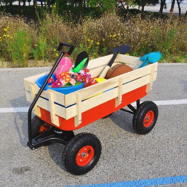 Outdoor Yard Wagon All Terrain Pulling Wood Railing Air Tires Kids Shopping Cart