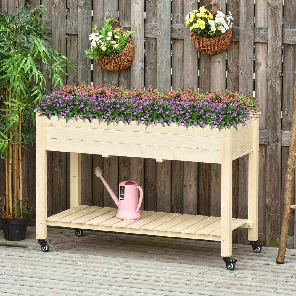 Outsunny Natural Wooden Raised Mobile Garden Bed with Non-Woven Bag 845-365