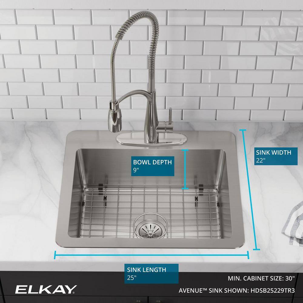 Elkay Avenue 25 in. Drop inUndermount Single Bowl 18 Gauge Stainless Steel Kitchen Sink with Bottom Grids HDSB25229TR3