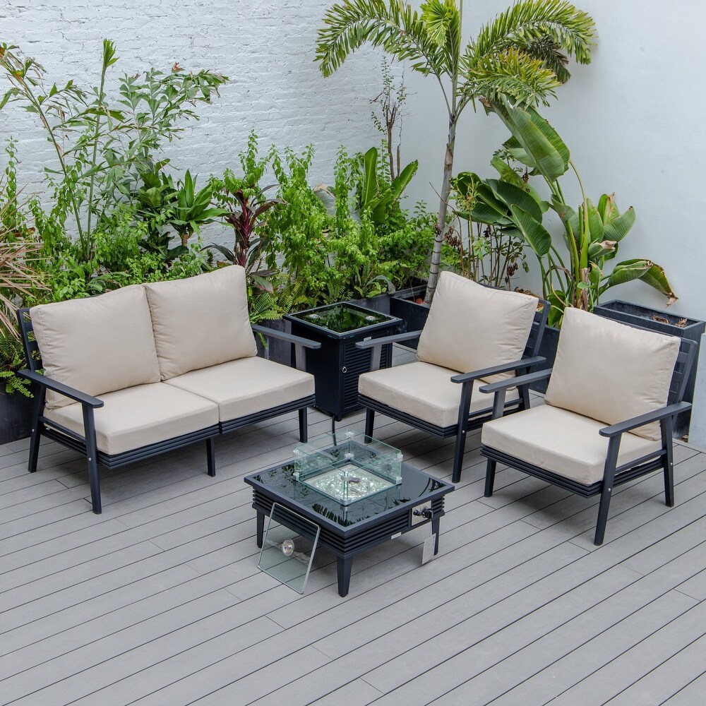 LeisureMod Walbrooke Modern Patio Conversation Set With Fire Pit Table