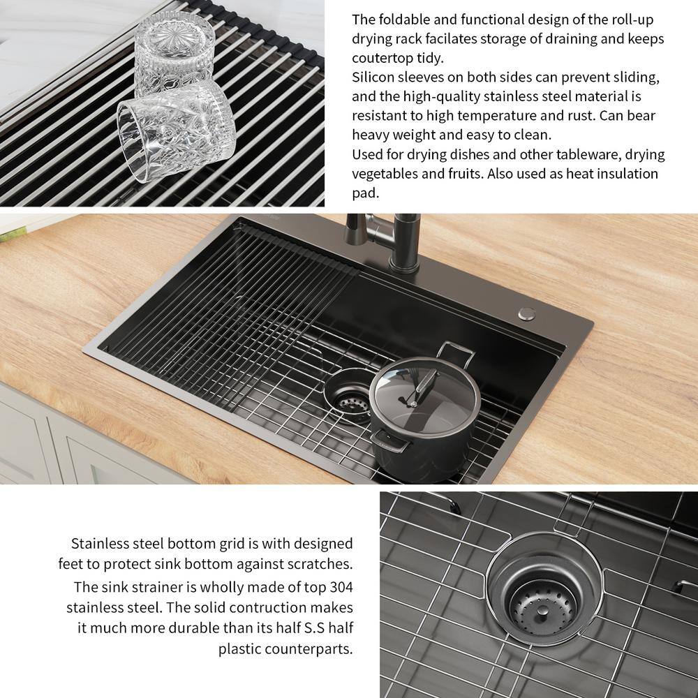 Glacier Bay Gunmetal Black Stainless Steel 32 in. 18G Single Bowl Dual Mount Workstation Kitchen Sink with Black Spring Neck Faucet ACS3222A1T-FW