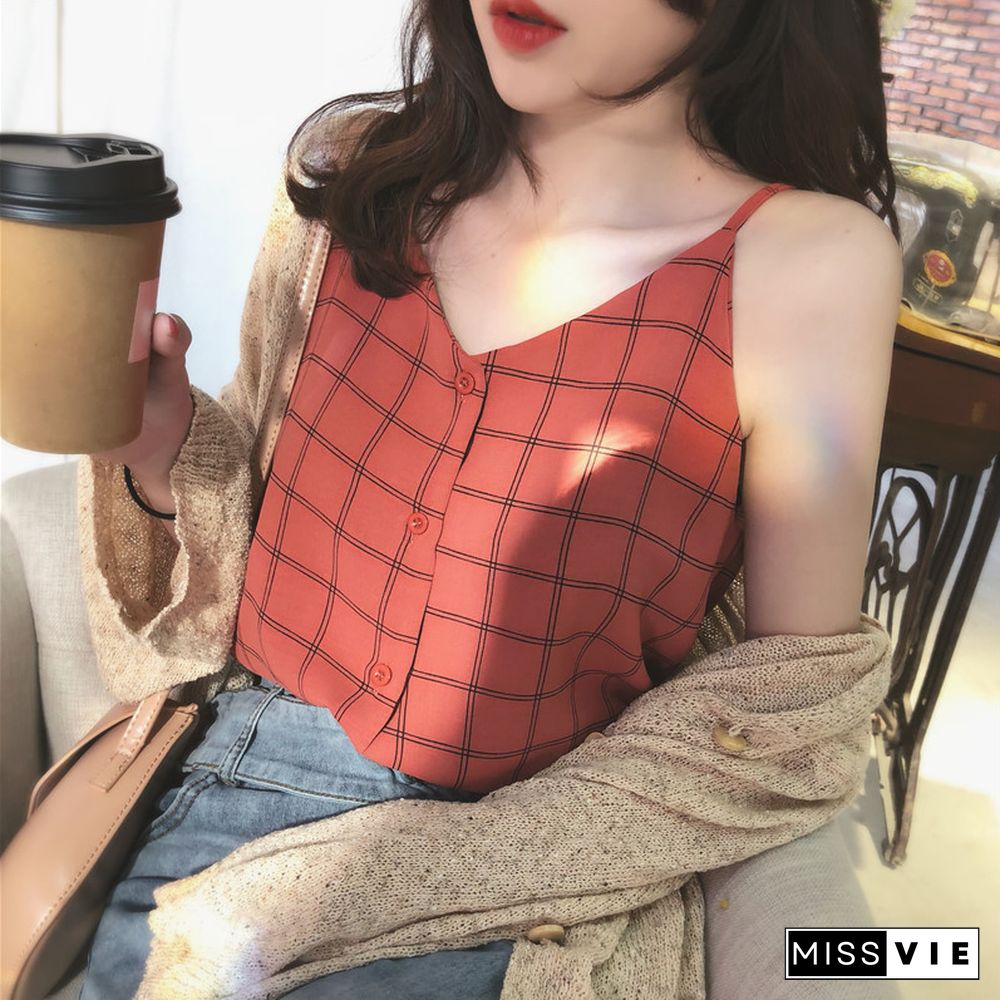 Chiffon Vintage Plaid Small Camisole Women Top Vest Summer Wear Loose Sleeveless Cami Tank Tops Streetwear Casual Female Tee