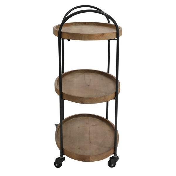 23 Inch Wood Bar Cart with 3 Tier Storage Trays and Metal Frame， Brown