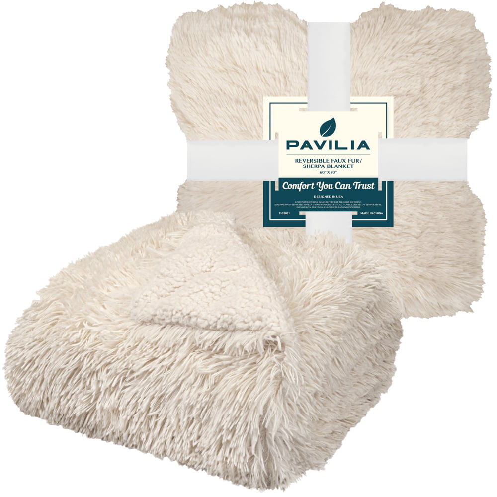 PAVILIA Soft Fluffy Faux Fur Bed Blanket， King， Cream Beige， Shaggy Furry Warm Sherpa Blanket Fleece Throw for Sofa， Couch， Decorative Fuzzy Plush Comfy Thick Throw Blanket， 90x108