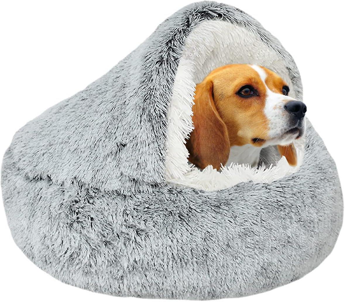 Fluffy Plush Soothing Bed For Dogs Under 10kg， Washable Anti anxiety Dog Bed For Small Medium Dogs， Soft Warm Indoor Donut Bed (65cm， Grey)