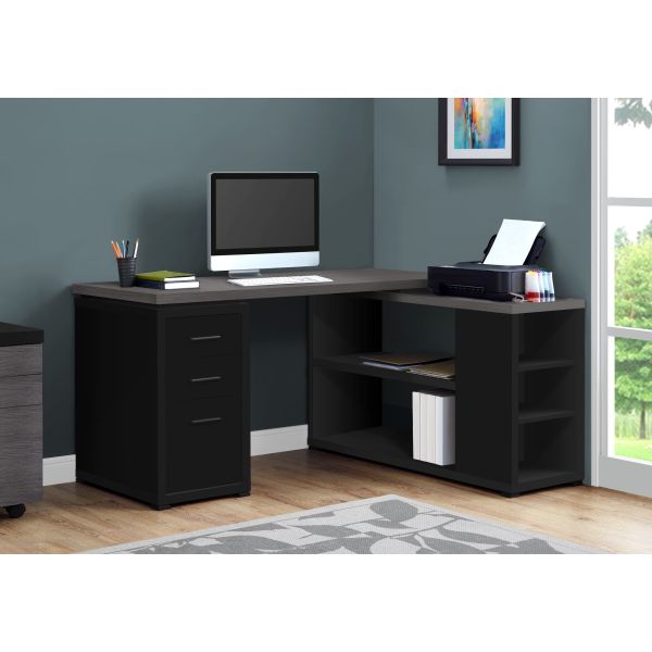 Computer Desk， Home Office， Corner， Left， Right Set-up， Storage Drawers， L Shape， Work， Laptop， Black And Grey Laminate， Contemporary， Modern