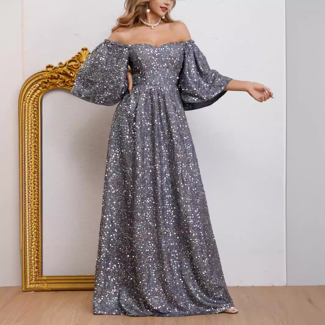 New sequin temperament commuting solid color high waist Lina group host banquet long evening dress