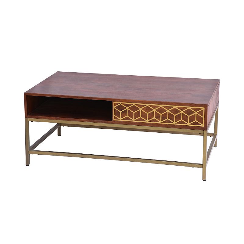 Kalyn 43 Inch Acacia Wood Coffee Table， Geometric Design Print， 1 Open Compartment， Natural Brown， Brass